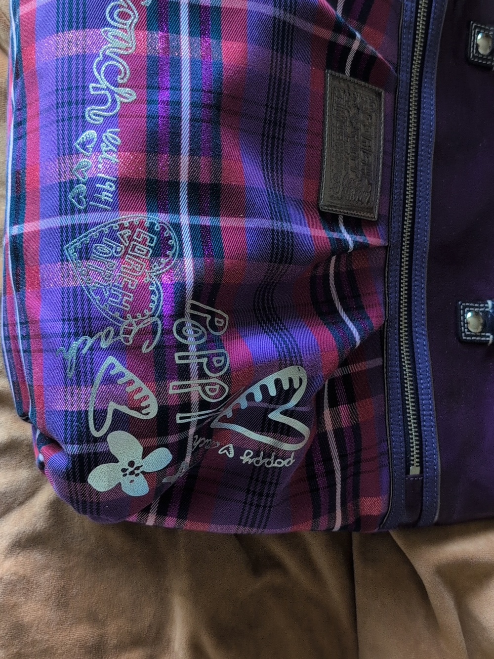 Coach Poppy Plaid Purple Tote Bag with Front Zip Pocket - Picture 2 of 5